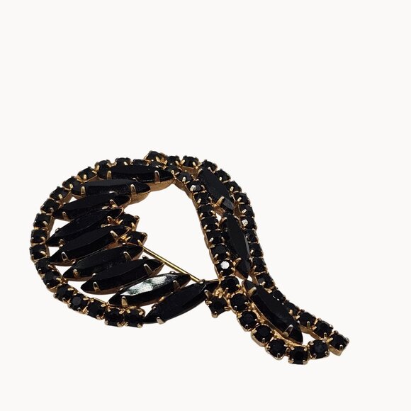 Gold Tone Black Navette Brooch Prong Set Rhinestone Unsigned Swirl Pin Fashion - Picture 12 of 14